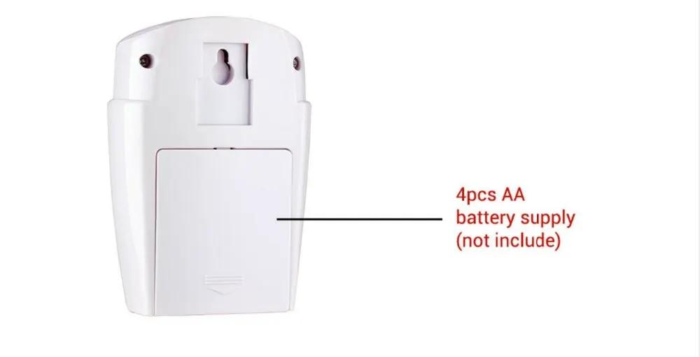 Simples Market wireless motion sensor alarm detector, white plastic, back view with 4 AA battery slot (not included)