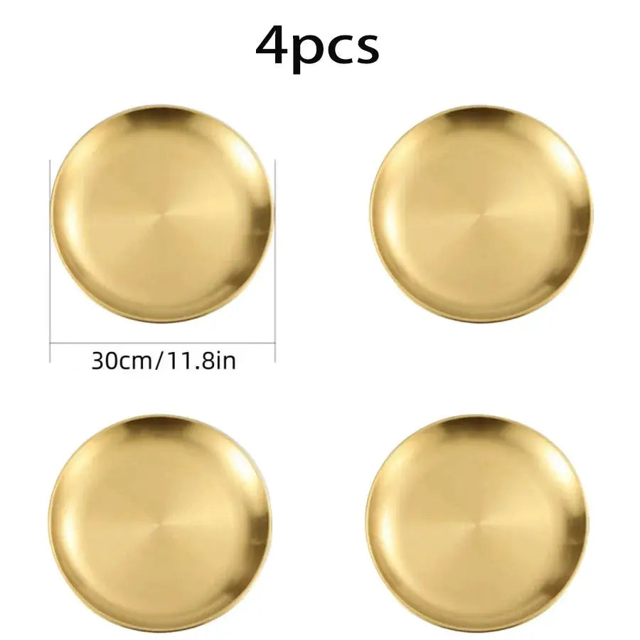 4 Piece Stainless Steel Plates Korean Style Grilled Meat Circular Trays Household Dinnerware Set