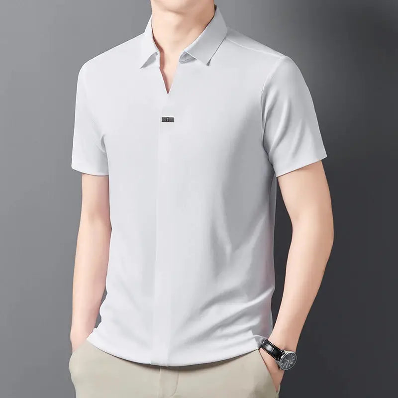 Men's short-sleeve polo shirt in light gray, solid color, casual versatile summer top.