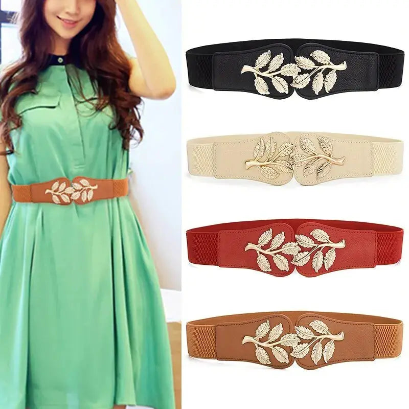 Aurora Women's Elastic Waist Belt With Gold Leaf Closure And Double Hook Buckle With Elegant Secure Fit