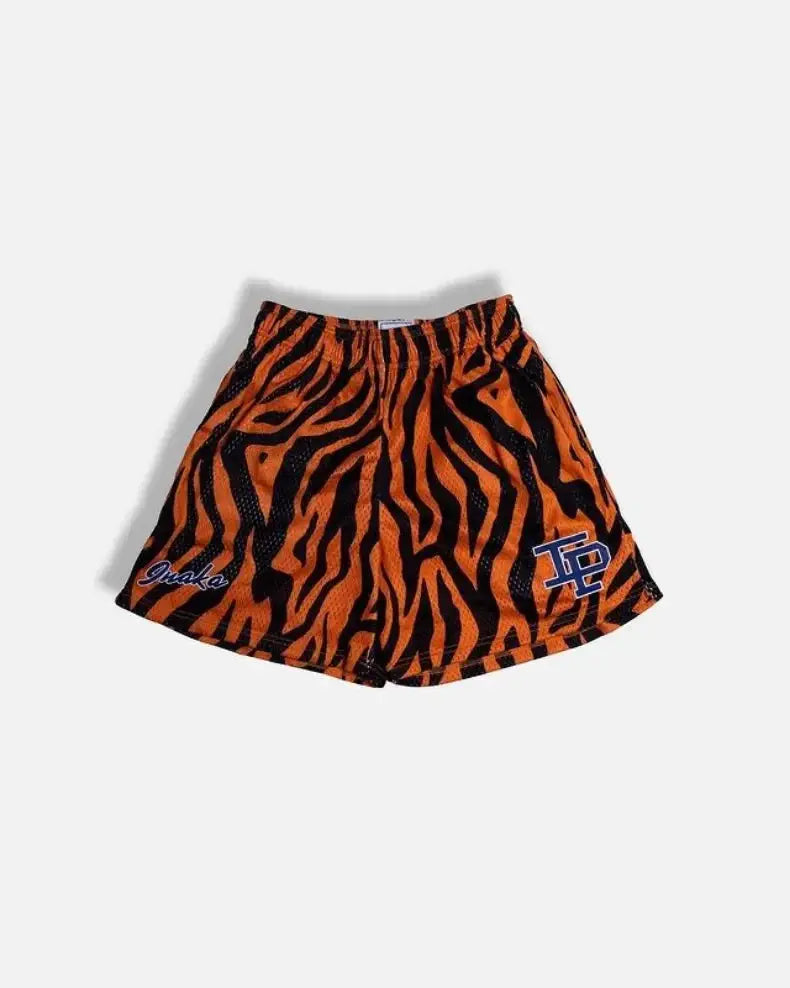 Men's orange and black tiger-print athletic shorts with blue logo, quick-dry mesh.