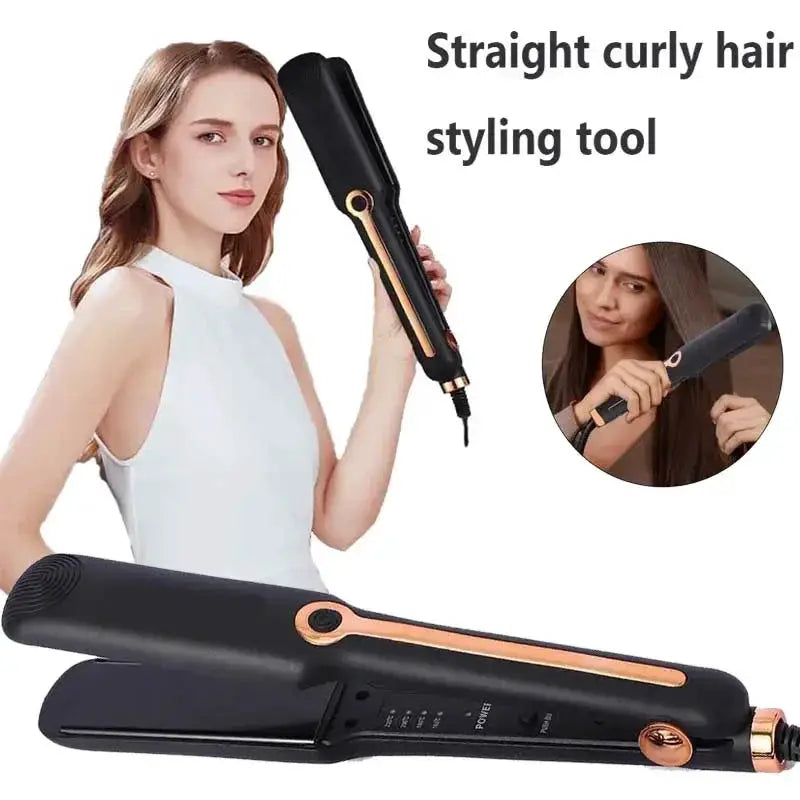 2-in-1 hair straightener curling iron with ceramic wide plates, black body and rose-gold trims, adjustable temperature.