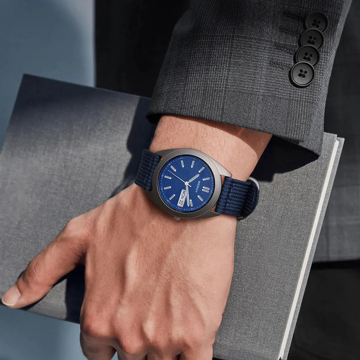 BERNY titanium men's watch with blue dial and navy fabric strap