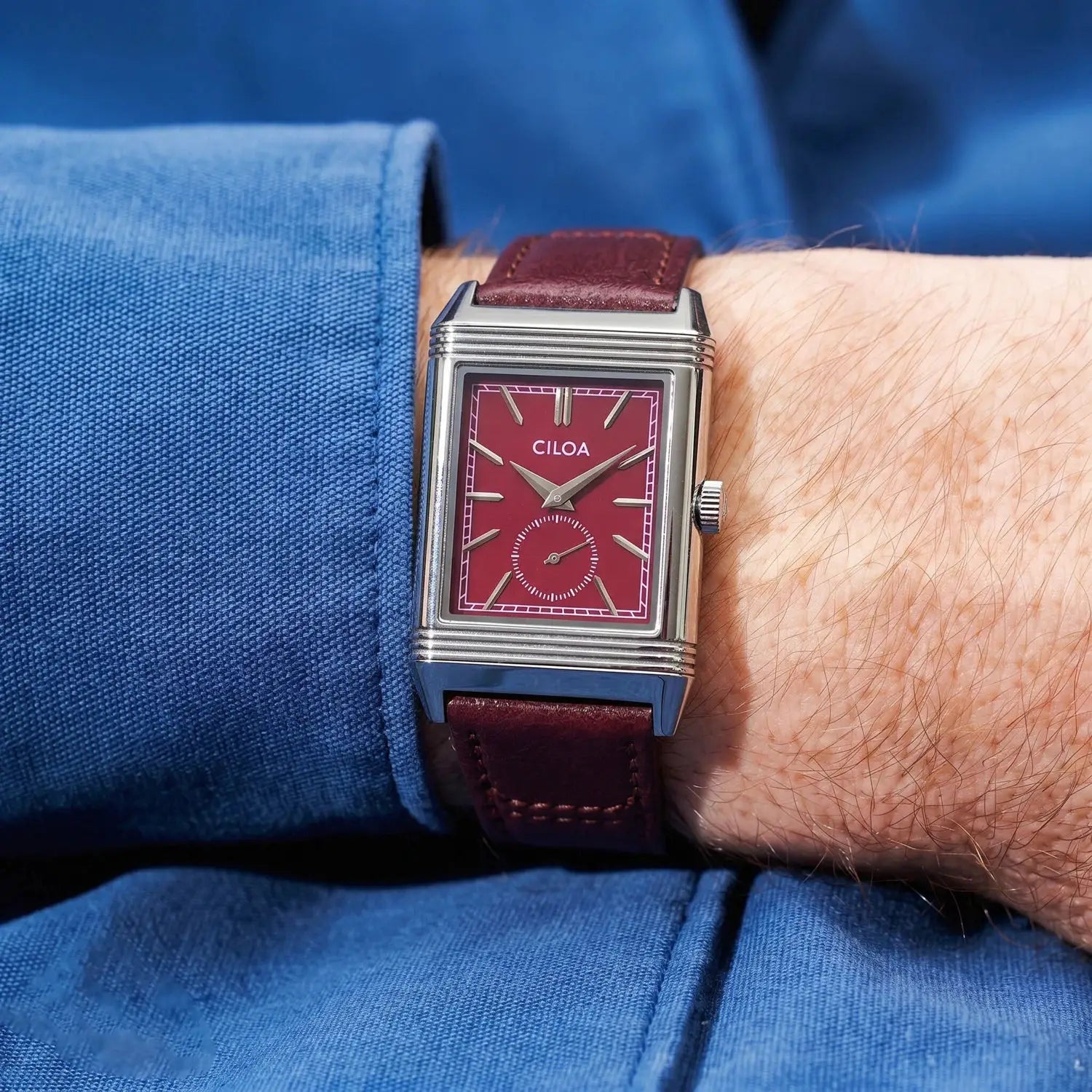 CILOA men's retro square quartz wristwatch with burgundy dial and burgundy leather strap, silver case