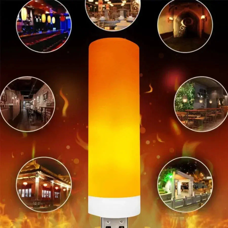 USB LED flame light bulb, orange cylindrical lamp with white base by Simples Market