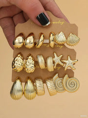 Gold-tone sea-themed earring set (6 pairs) by Simples Market with starfish, seashells and water-drop shapes