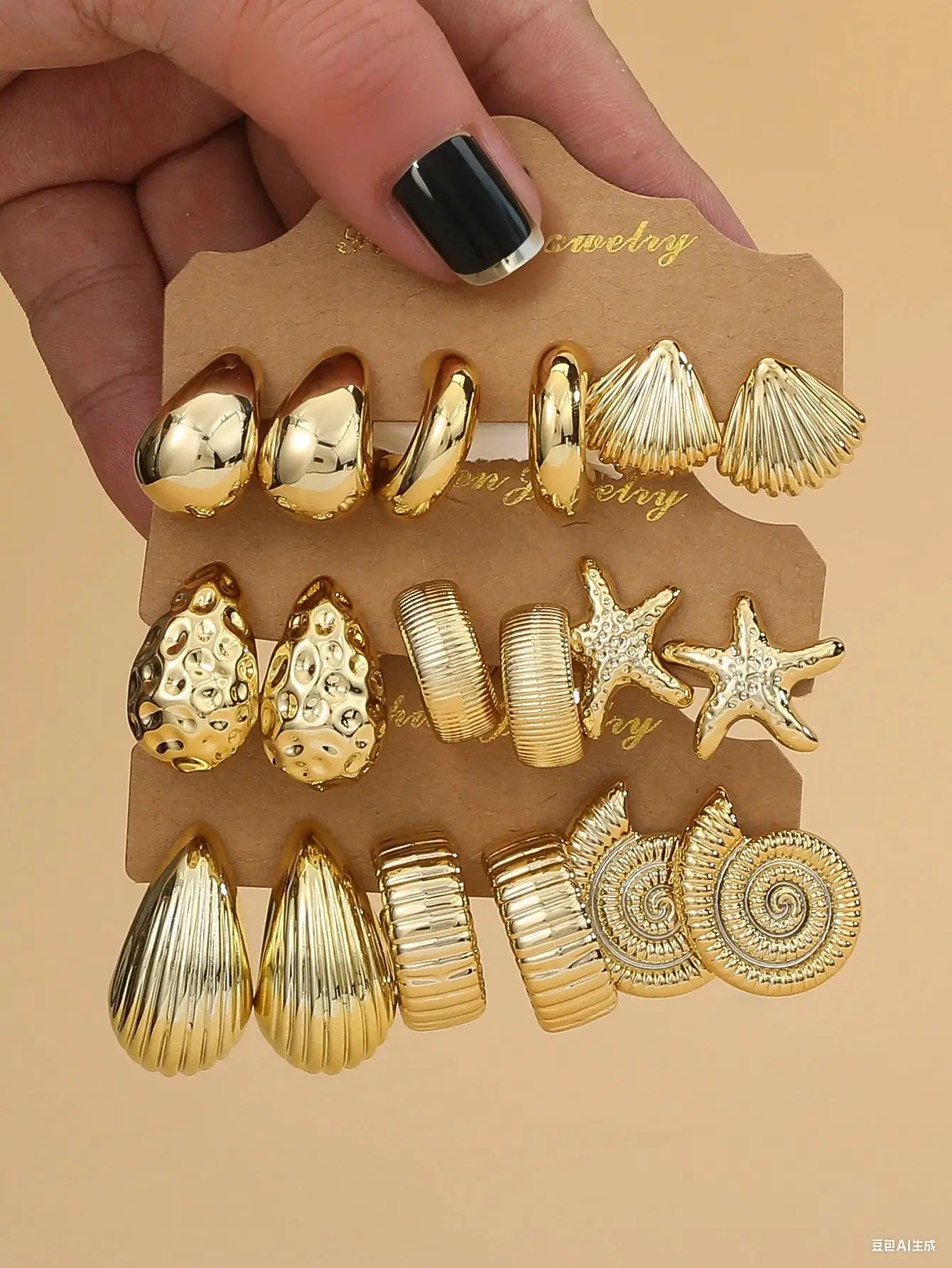 Gold-tone sea-themed earring set (6 pairs) by Simples Market with starfish, seashells and water-drop shapes