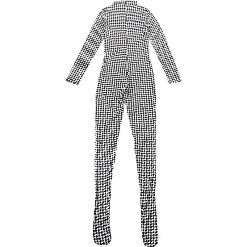 Womens houndstooth plaid bodycon jumpsuit with turtleneck, long sleeves, full-length