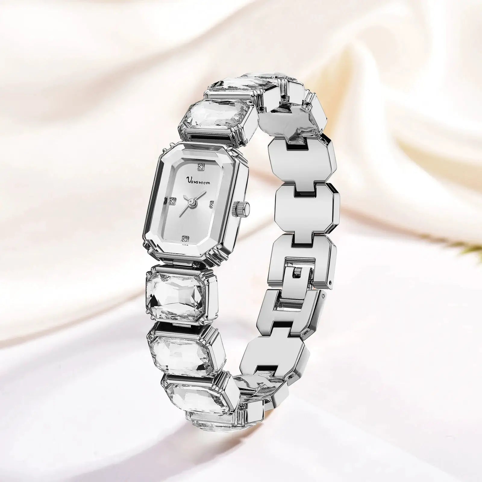 Women's square watch by Simples Market, silver stainless steel bracelet with rhinestone accents.