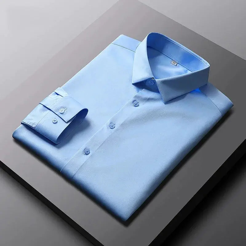 Men's light blue solid-color long-sleeve shirt by Simples Market, wrinkle-resistant