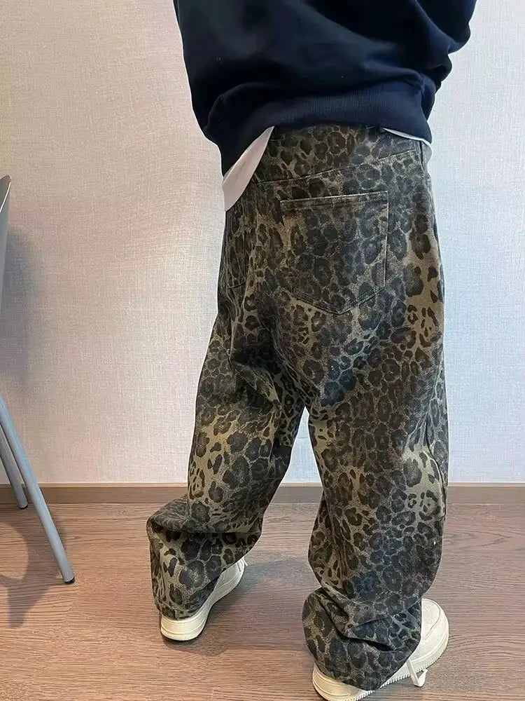 Men's leopard print denim jeans, oversized wide-leg, tan and dark brown with spots