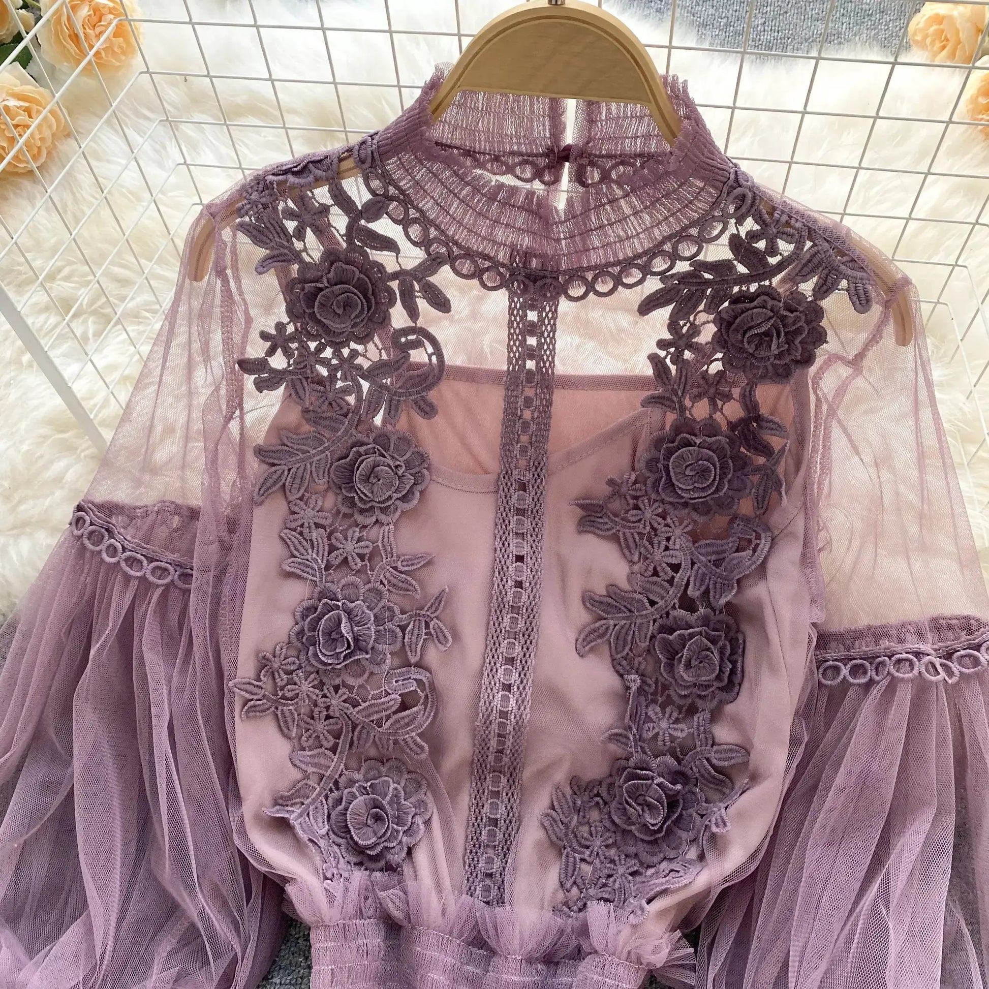 Lace puff-sleeve lavender blouse with floral appliqué on sheer tulle