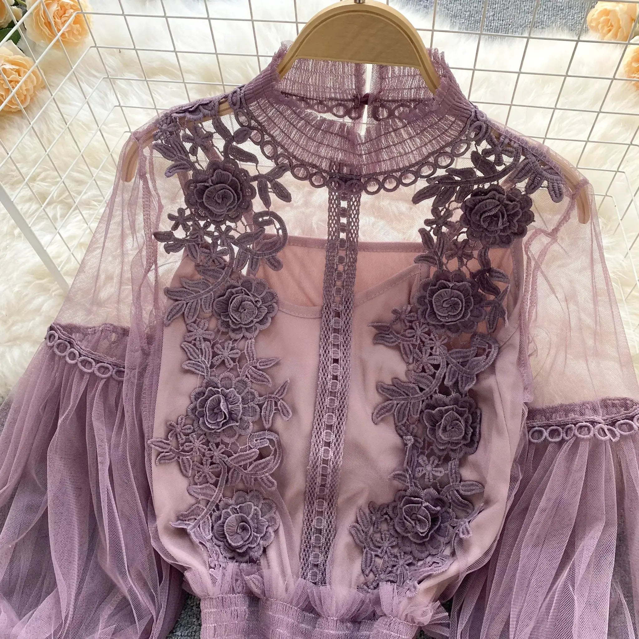 Lace puff-sleeve lavender blouse with floral appliqué on sheer tulle