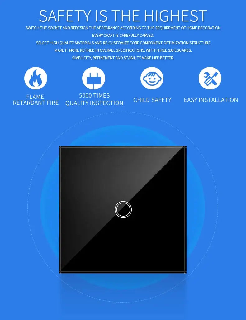 AXUS EU touch switch panel in black tempered crystal glass with circular sensor for wall mounting