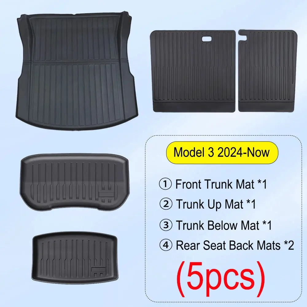Simples Market 5-piece black TPE trunk mat set for Tesla Model 3 Highland 2024–2026 (front, trunk, rear mats)