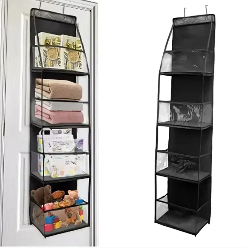 Simples Market hanging fabric storage organizer, black 4/6-layer closet shelves for underwear, clothes and toys