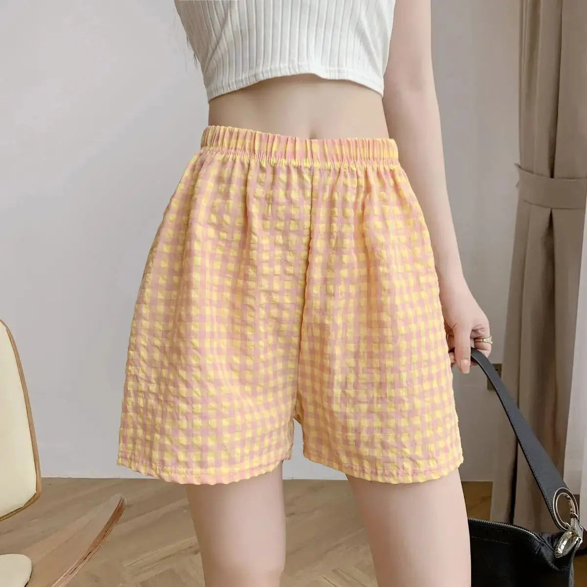 Summer Home Shorts by Simples Market, high-waisted pink and yellow gingham pajama shorts