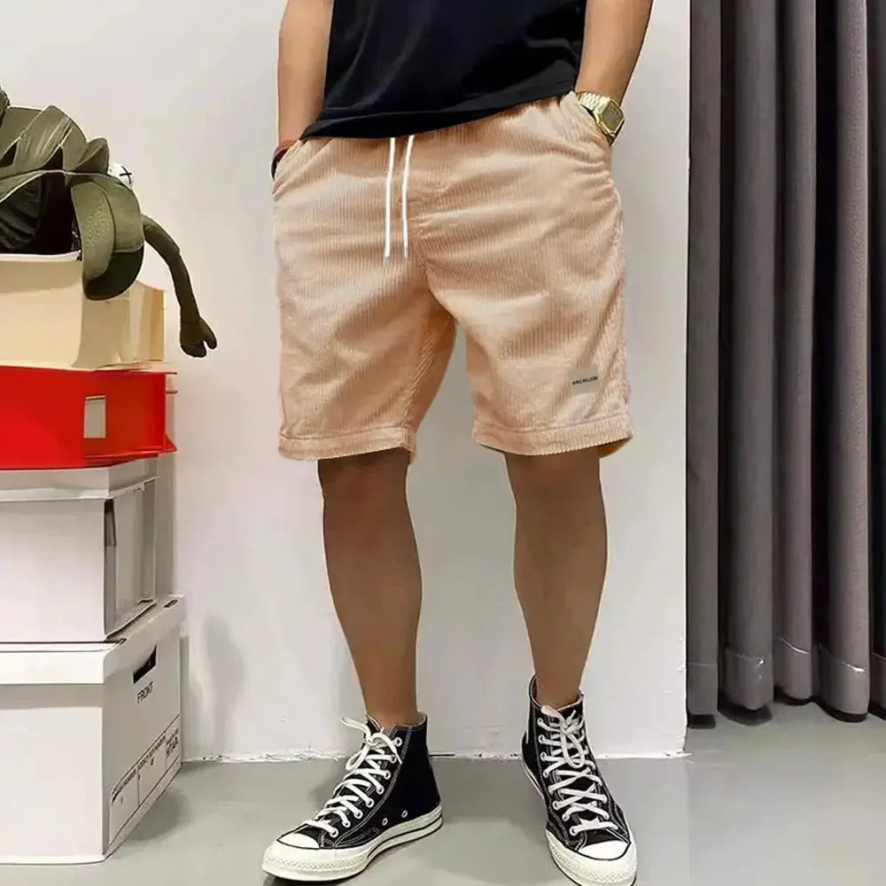 Men's beige corduroy shorts with drawstring, baggy basketball-style, Simples Market elastic waist
