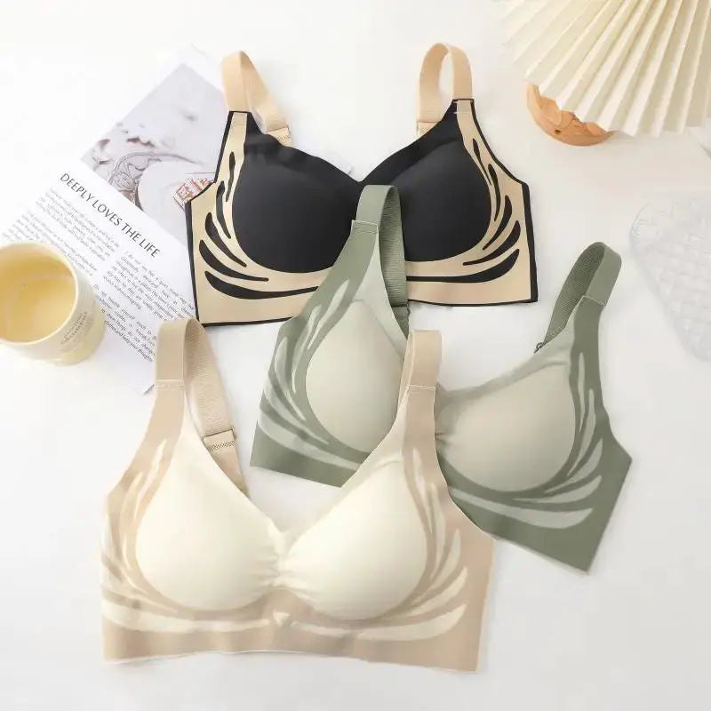 Three-pack women's push-up bras, seamless and breathable, in beige, black, and olive with angel-wing patterns.