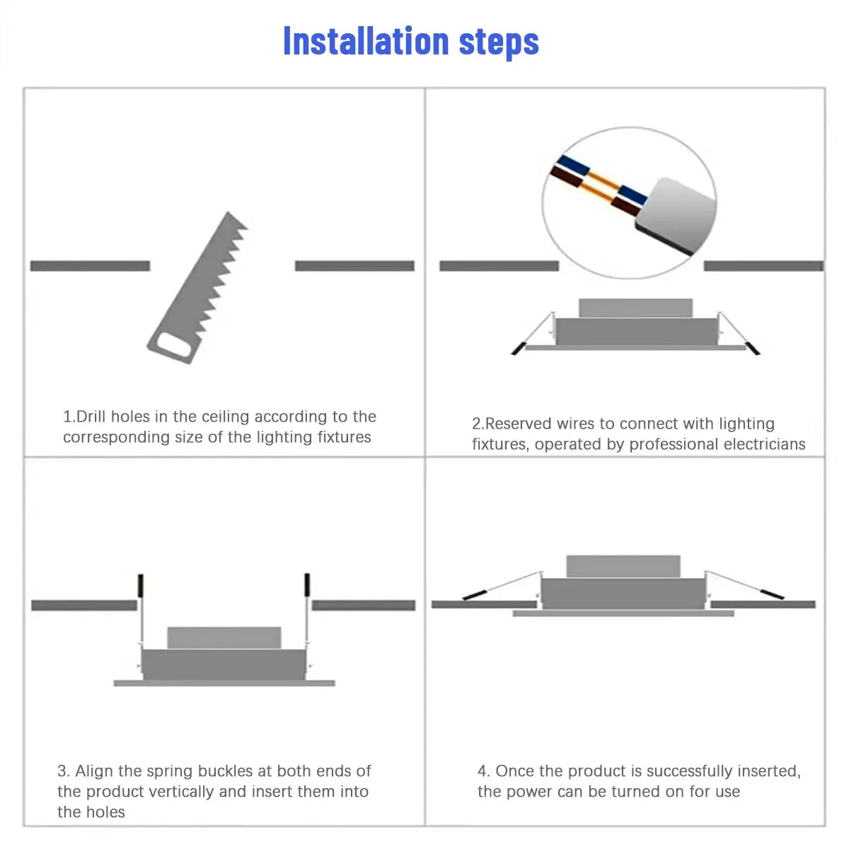 LED ceiling spotlight installation: four panels show drilling, wiring, mounting springs, and powering on.