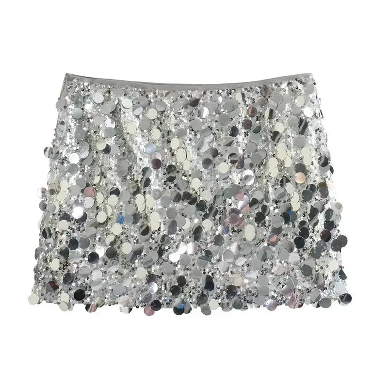 Silver Sequin High Waist Mini Skirt For Women Shiny Glitter Y2K Fashion Party Short Skirt Elegant