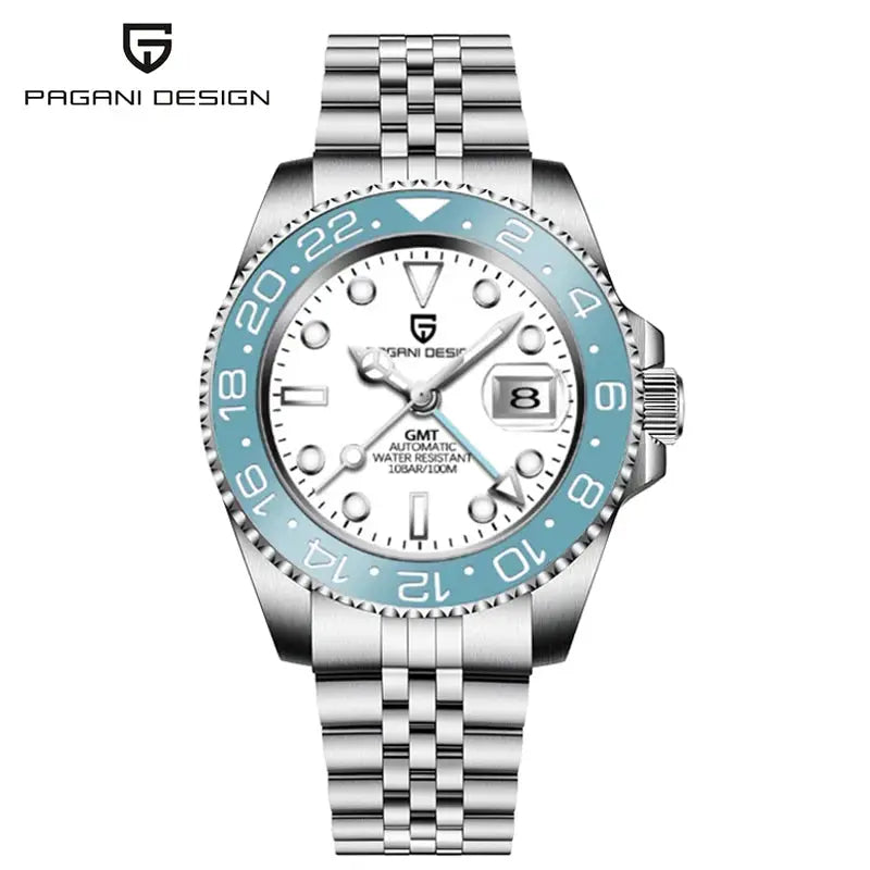 Pagani Design 40mm GMT automatic watch with stainless steel bracelet, white dial, blue ceramic bezel, 100m WR.