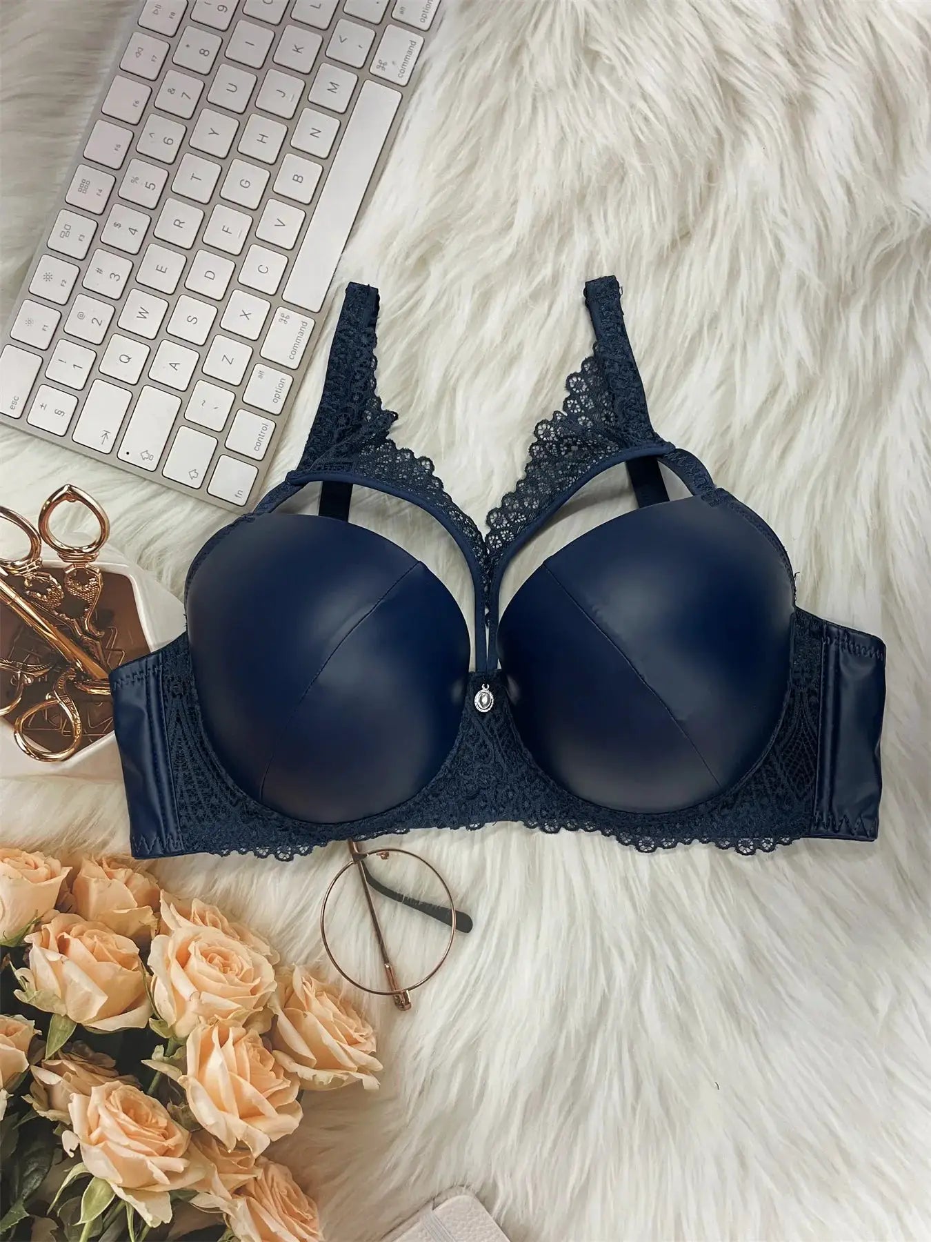 Simples Market navy blue PU leather underwired lace bra with molded cups