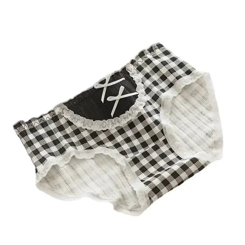 Cotton seamless panties, black-and-white check pattern with lace trim and white bow, mid-waist design