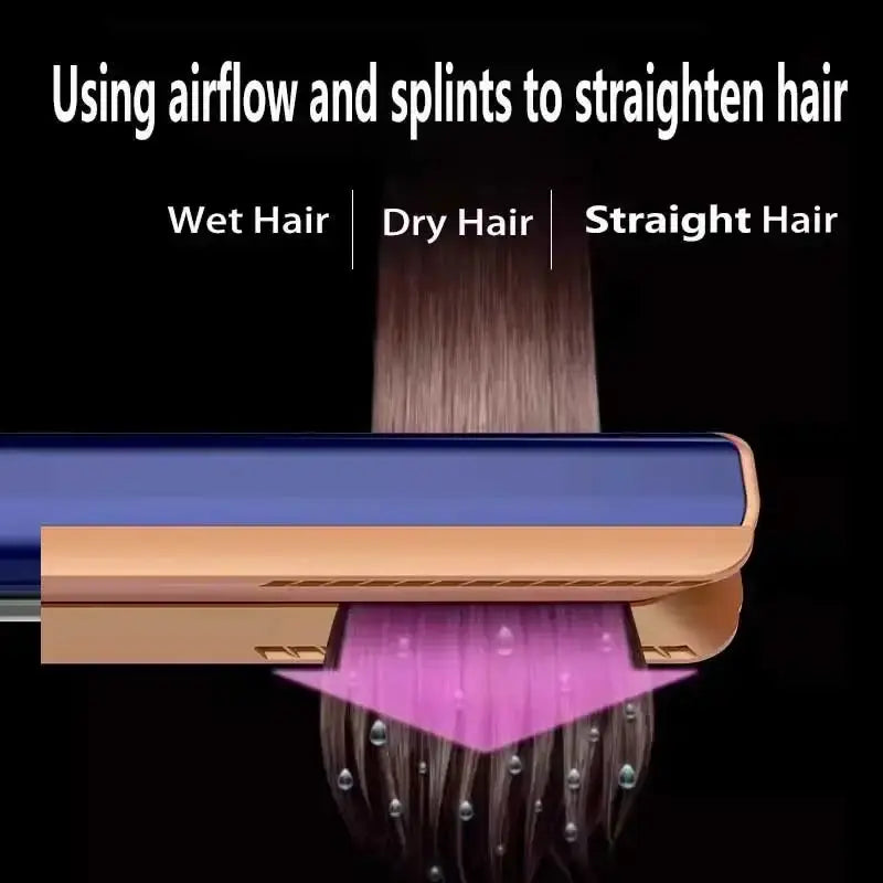 Simples Market 2-in-1 hair dryer and straightener in gold with blue trim, for wet or dry hair.
