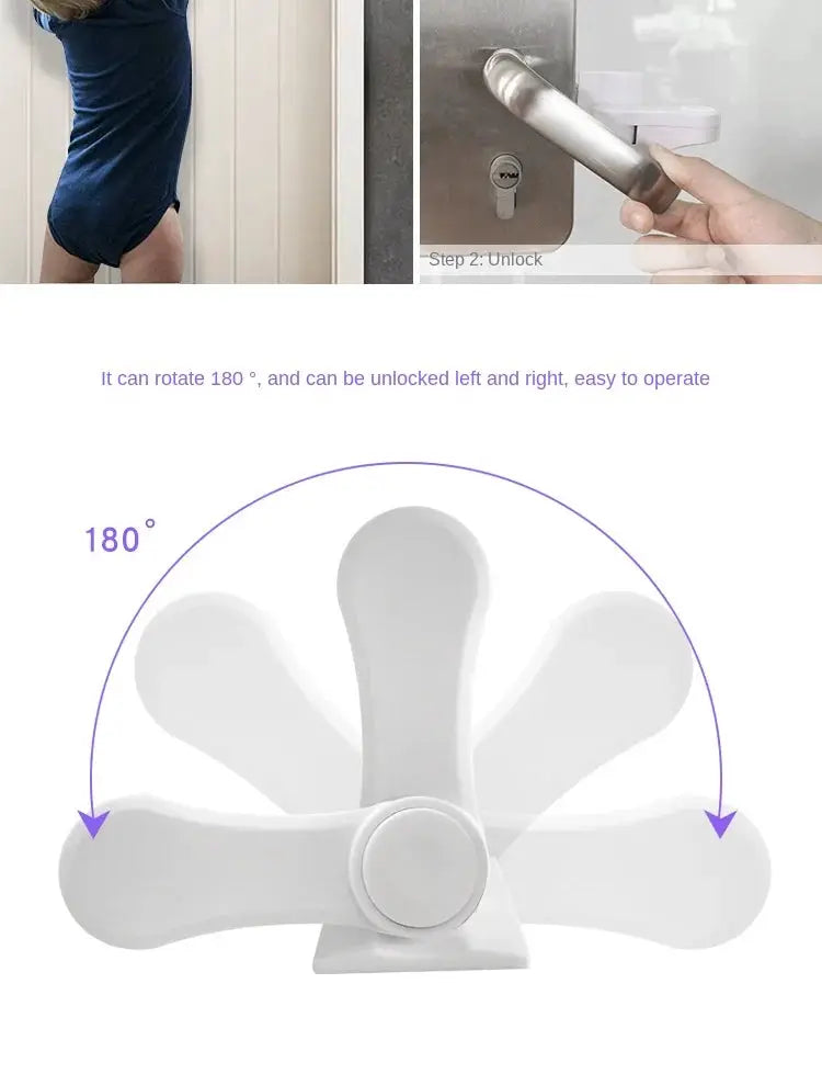 Universal door lever lock safety latch by Simples Market; white adhesive babyproof lock with 180° rotation.