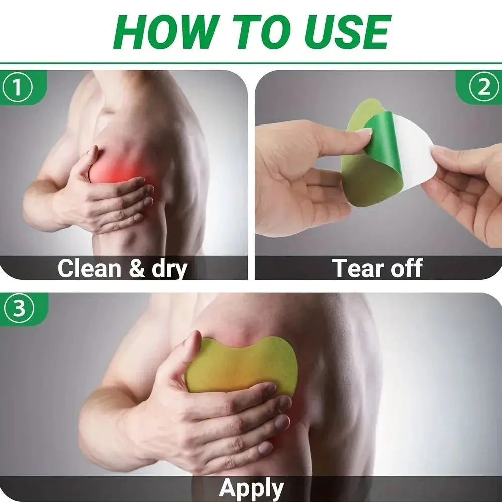 Neck and shoulder warm patch being applied; green-yellow heat patch with step-by-step usage.