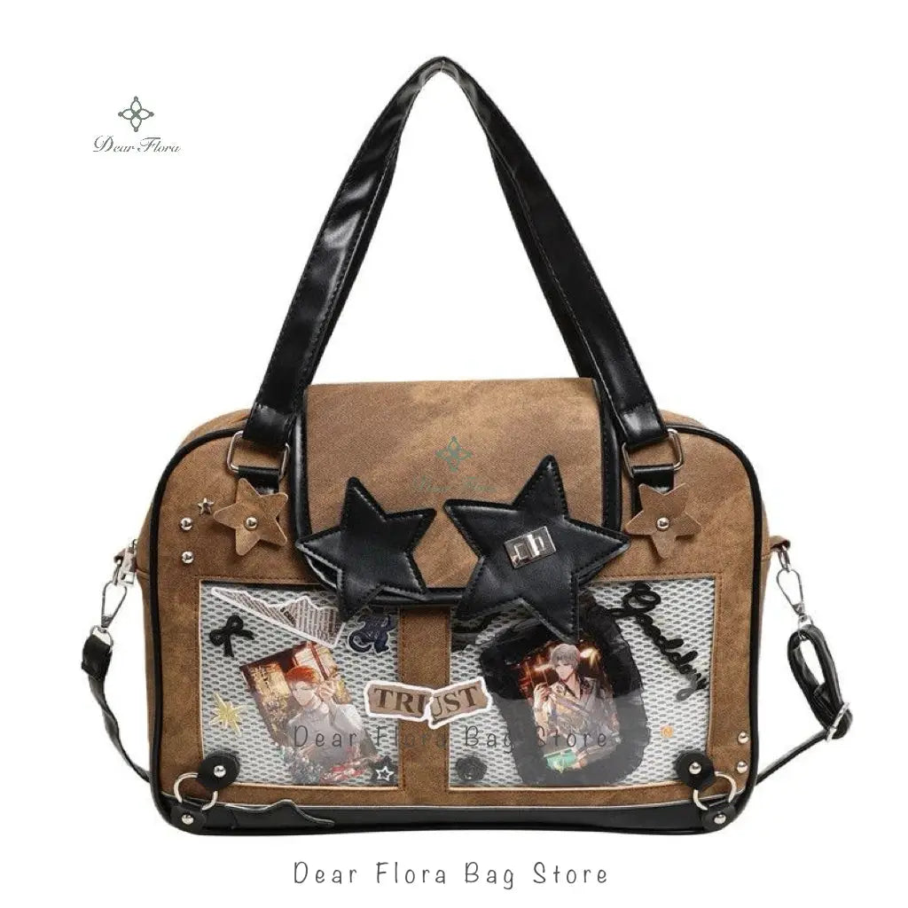 Ita bag crossbody brown with black straps, star patches and transparent pockets by Simples Market