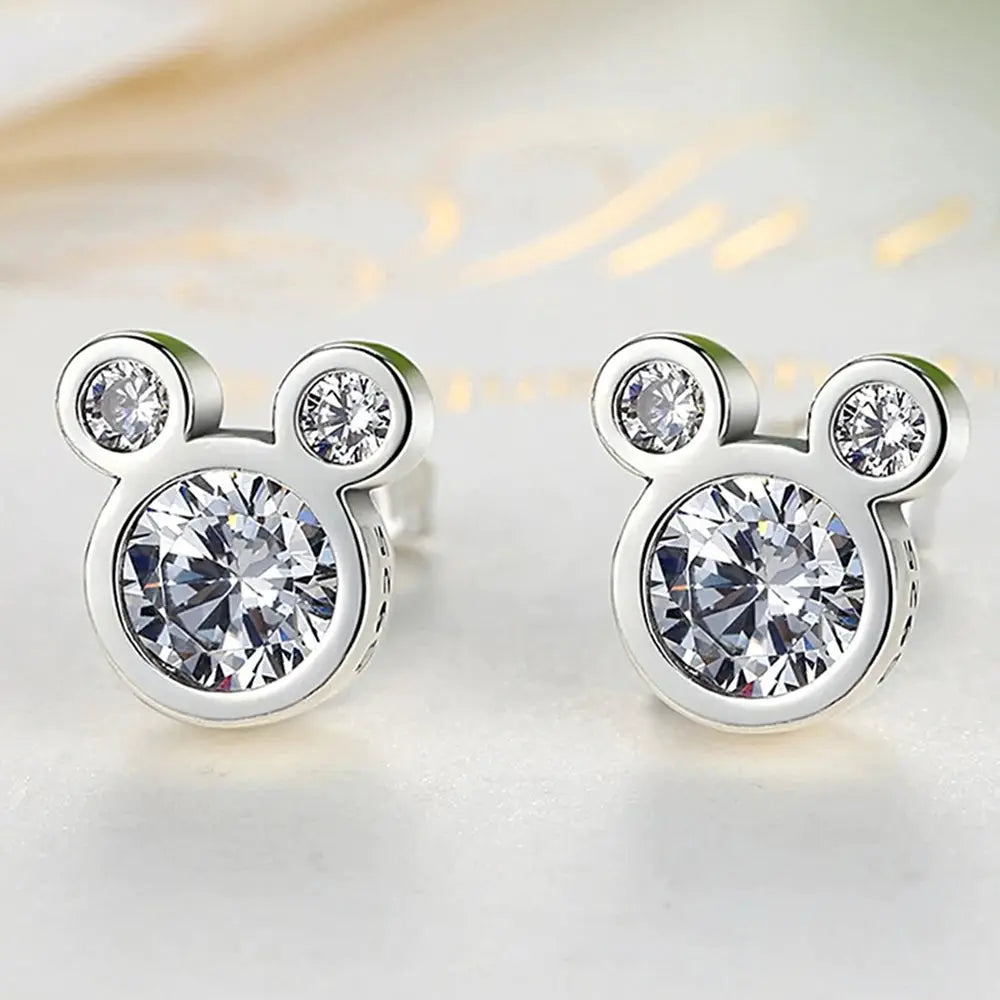 925 Sterling Silver Mouse Cartoon Stud Earrings for Women Girls Dazzling Zircon Gift Jewelry