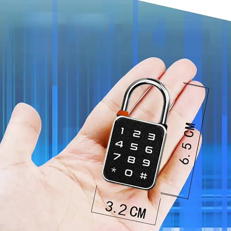 3-in-1 mini smart padlock with numeric keypad, black body and silver shackle; 3.2 cm wide, 6.5 cm tall