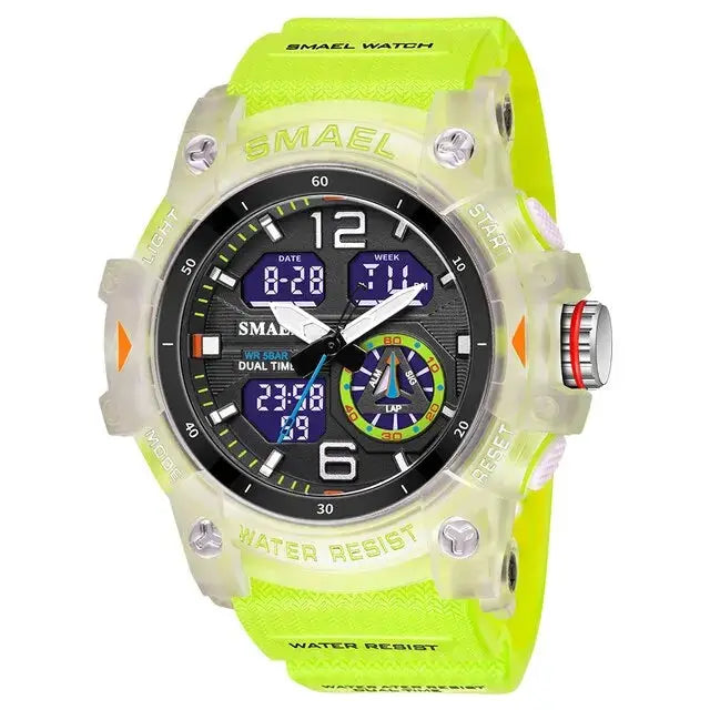 SMAEL sport watch for men with neon yellow strap, black dial, LED digital displays, dual time, water resistant.