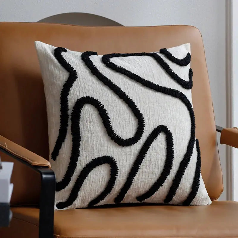 Boho chenille pillow cover white with black geometric lines, 45x45 cm for sofa living room decor