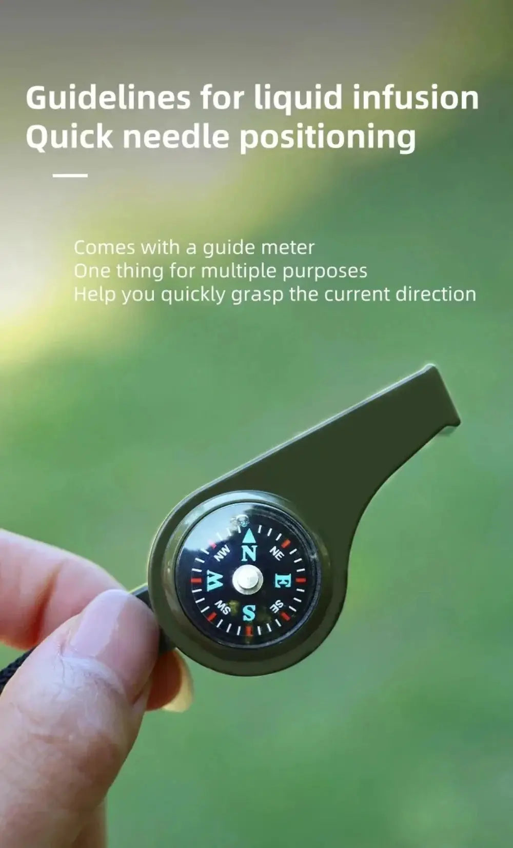 3-in-1 outdoor emergency whistle with compass, Simples Market olive-green handheld device
