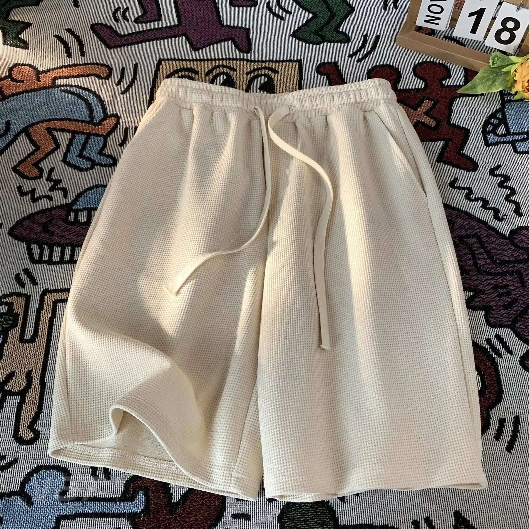 Waffle shorts Simples Market, men's cream with drawstring, loose fit