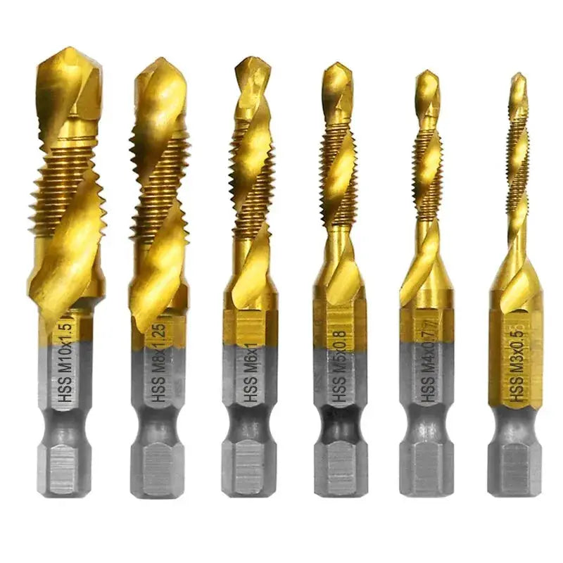 6 Piece High Speed Steel 4341 Titanium Plated Tap Drill And Tap Set With Integrated Tap For Chamfering