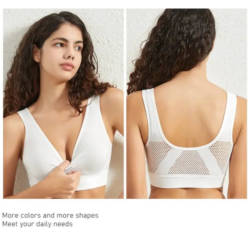 Women's plus-size breathable mesh sports bra by Simples Market, white seamless front with back mesh panels