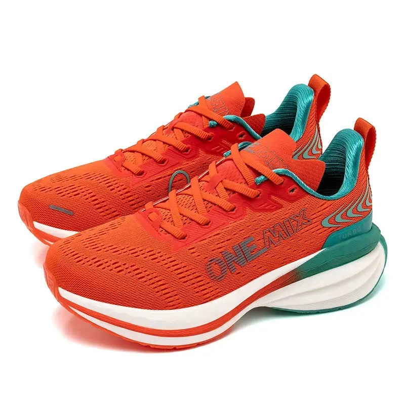 Two ONEMIX men's running shoes in orange mesh with teal accents and air-cushioned white soles