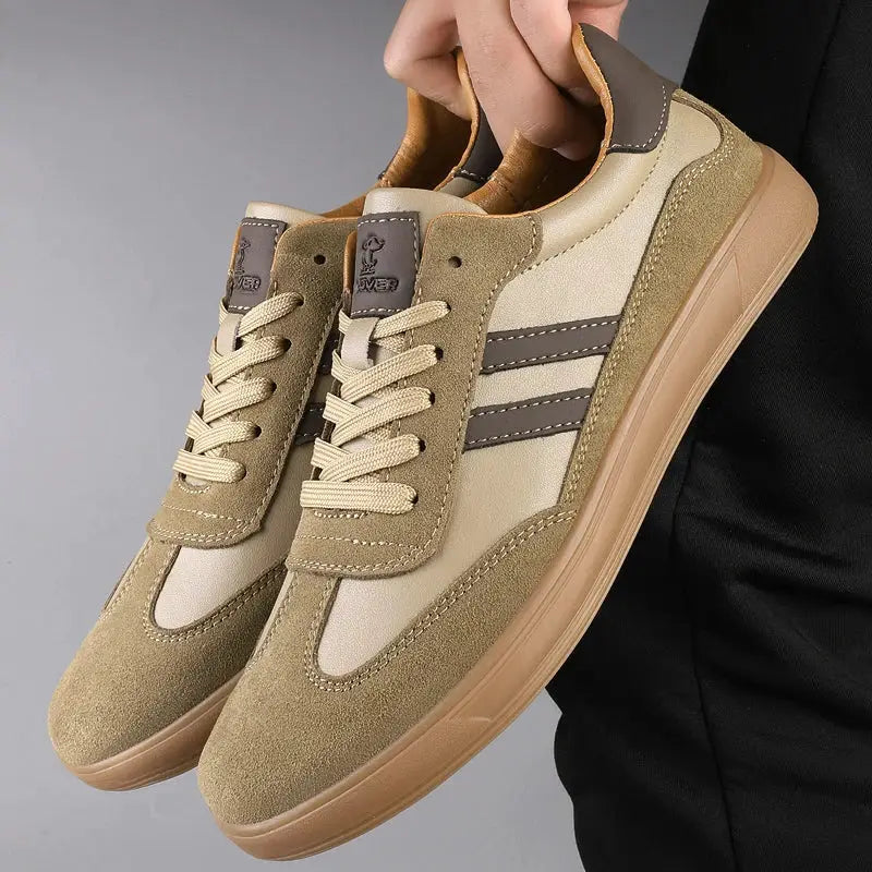 Men's leather sneakers by Simples Market, tan suede-leather casual trainers with non-slip sole