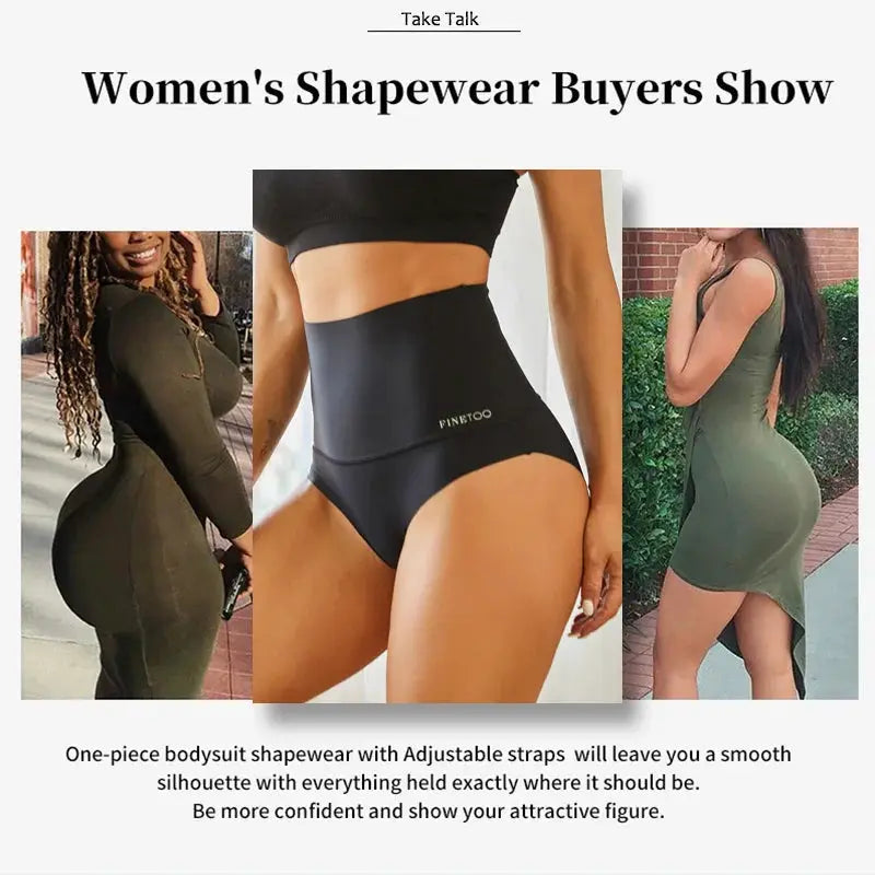 Women's seamless high-waist shapewear briefs; solid black center piece, breathable ice-silk fabric, 3-piece display.