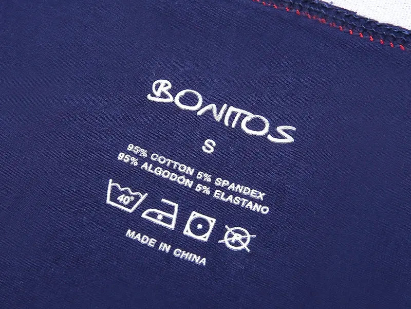 Boxer shorts label from Bonitos on navy fabric; cotton-spandex blend, size S, made in China