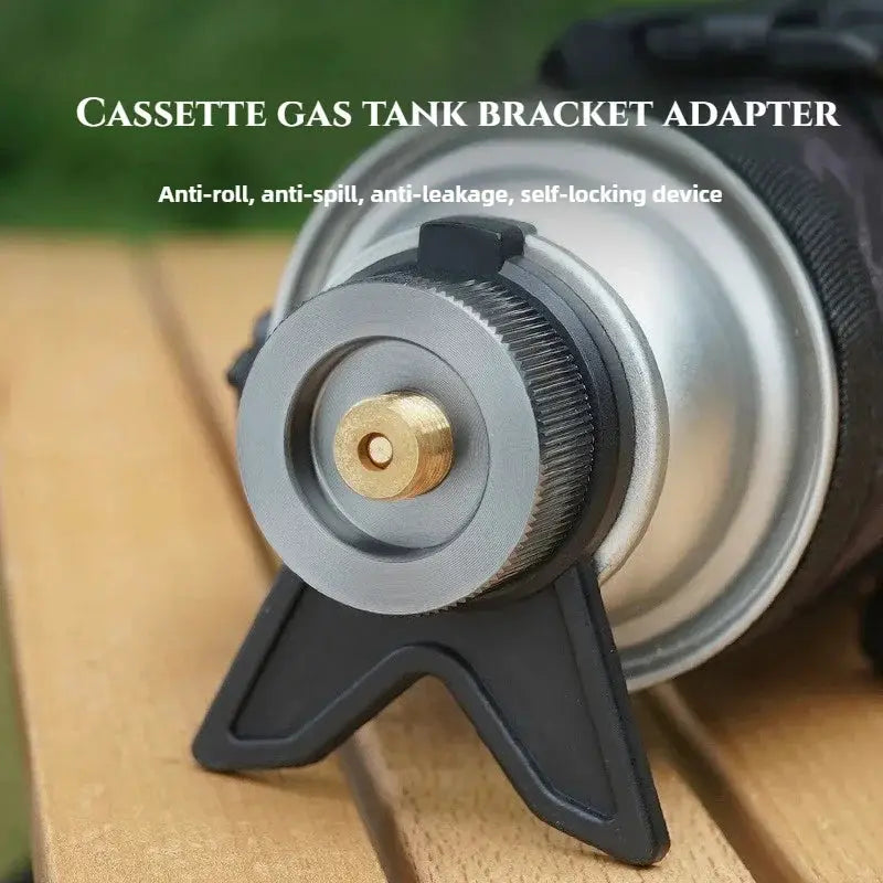 Butane adapter with bracket for camping stove, gray metal valve and black plastic stand with output nozzle