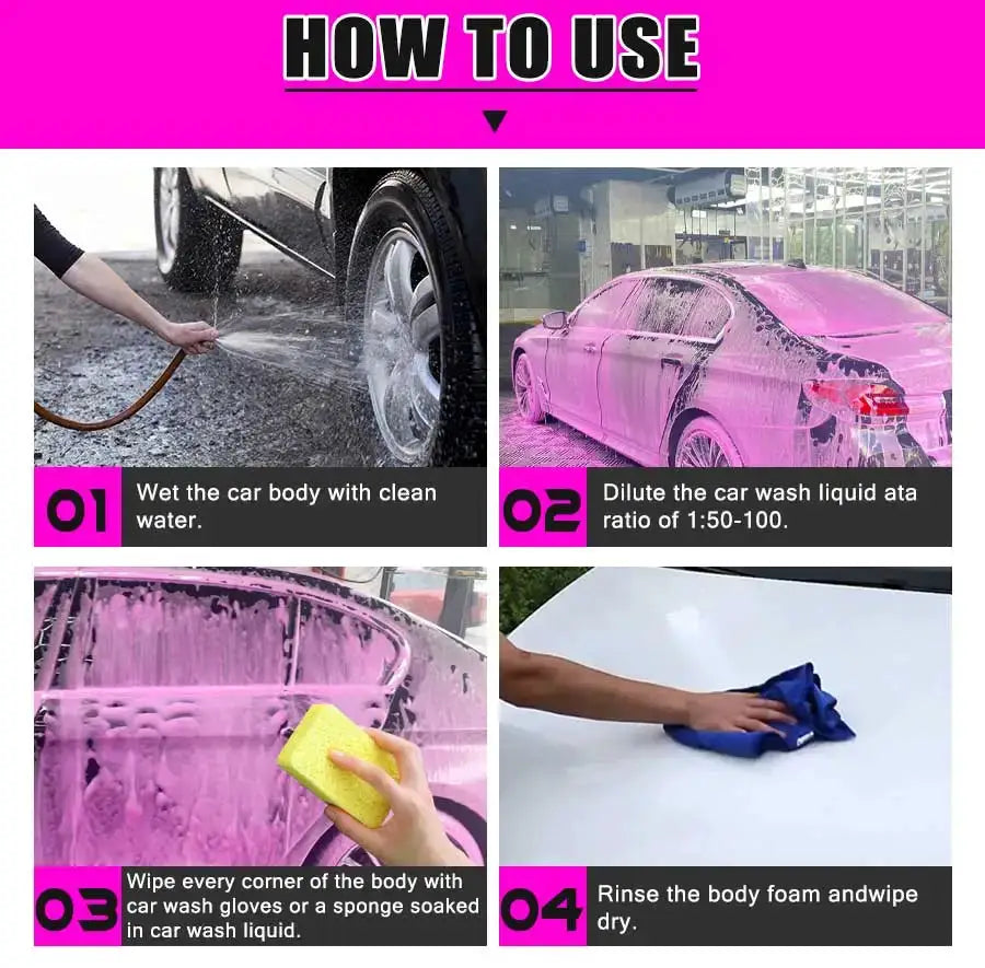 Pink car pre-wash foam for foam cannon use; four-step guide showing pink car covered in foam