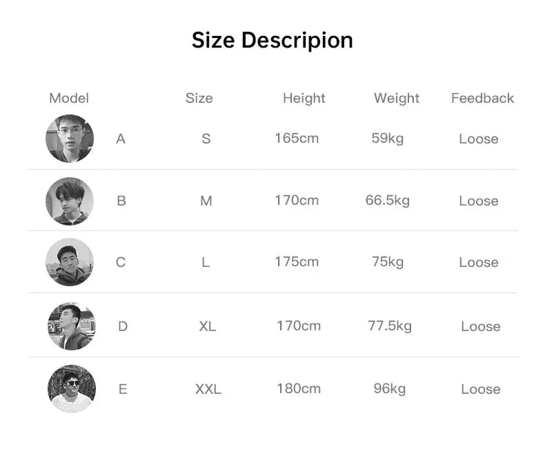 Maden men's vintage linen-blend chinos size chart with models A–E (5) showing sizes S–XXL, heights and weights.