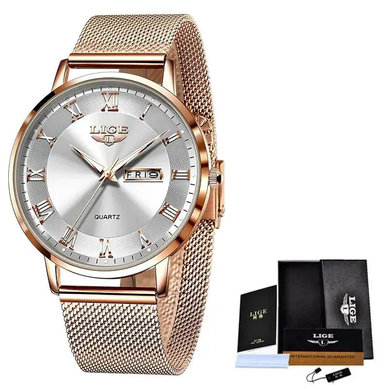 LIGE women's rose-gold mesh bracelet quartz watch with silver dial and Roman numerals