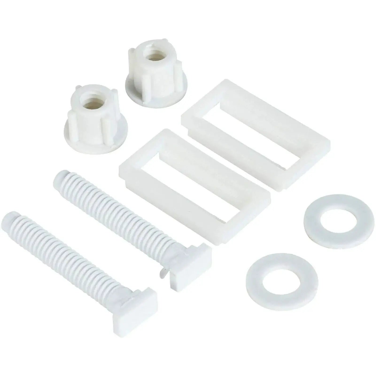 White plastic toilet-seat mounting hardware kit with bolts, brackets and washers