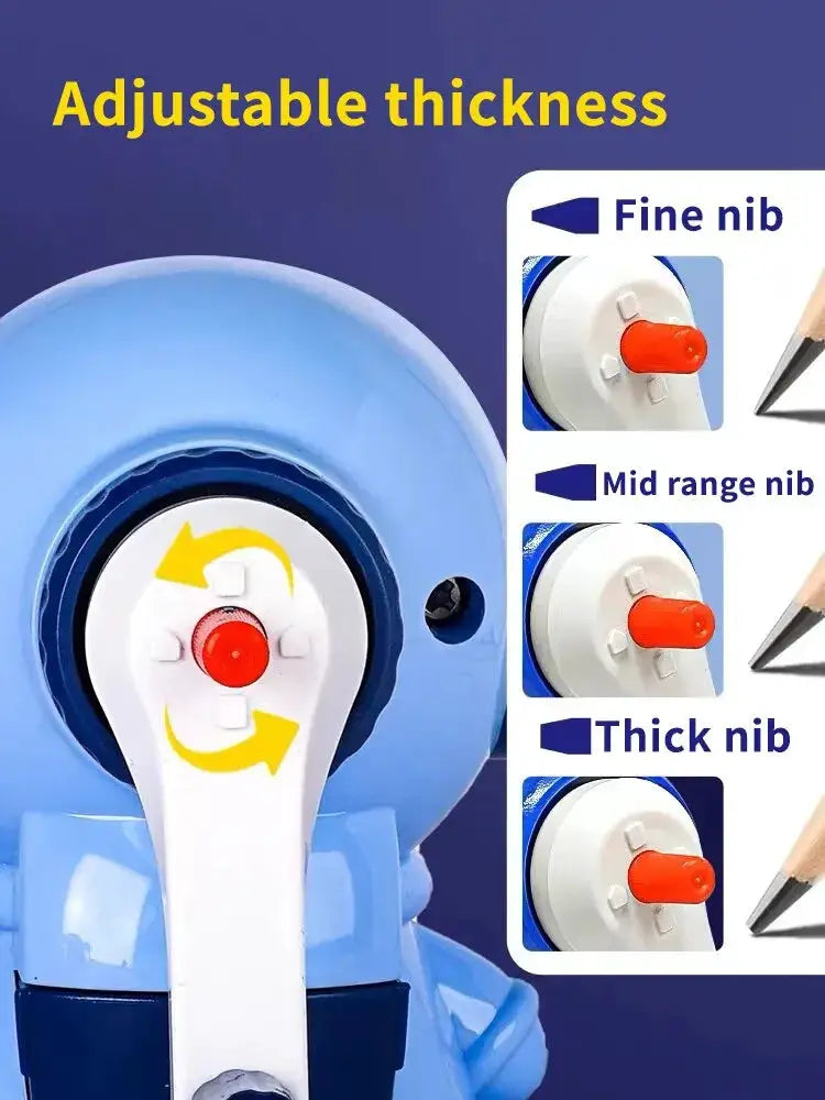 Astronaut cartoon pencil sharpener; blue body with white hand-crank and red knob for school use